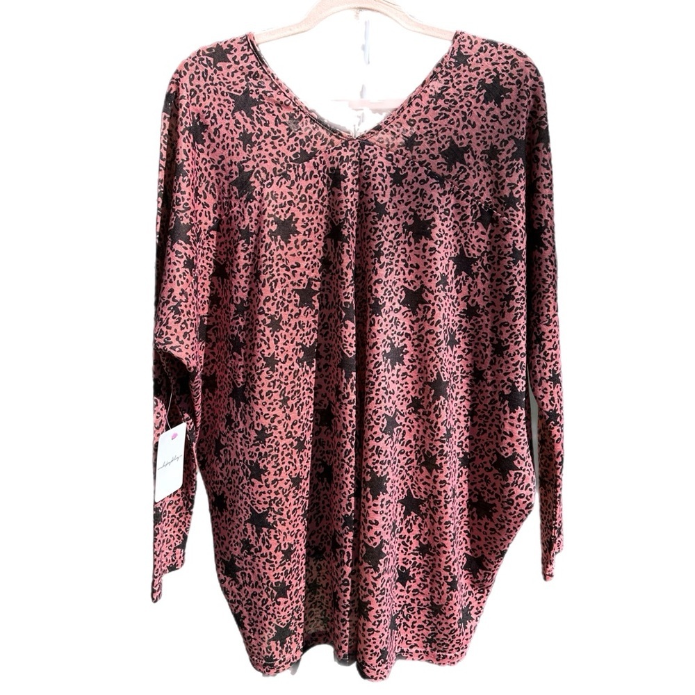 Pink Dolman Top Black Star Print Long Sleeve Tunic Cozy Casual Women's Size L - Picture 4 of 8